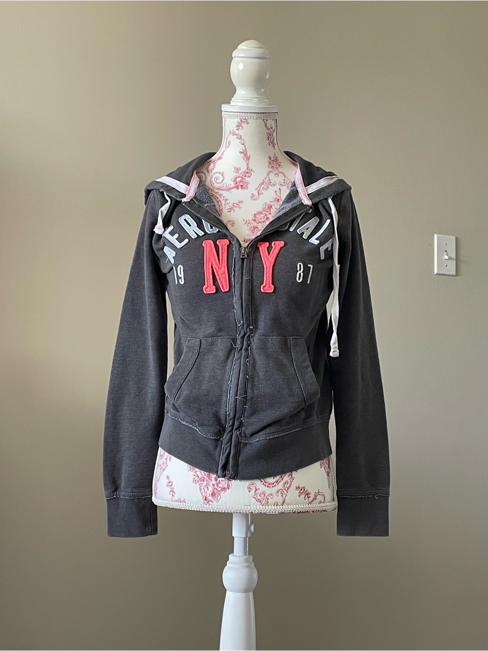 Aeropostale Charcoal Zip-Up Hoodie with Pink NY Applique